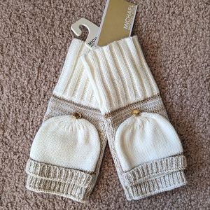 Michael Kors Fingerless Convertible Fold over Knit Mittens Gold & Cream NWT